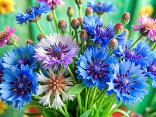 Vibrant cornflowers in a wooden bouquet contrast beautifully against a bright blue background, evoking feelings of spring, summer, and celebration in a stunning floral arrangement.