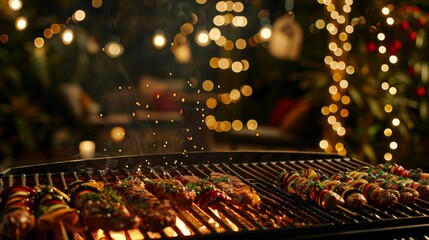 Grilled Food on a Barbecue with Festive Lights in the Background