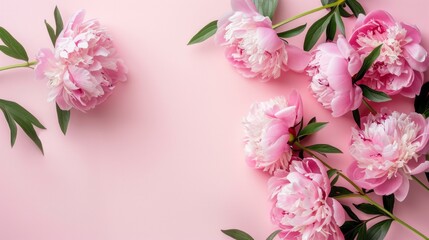 Poster - Soft pink peonies, bursting with lush petals, artfully arranged on a pale pink backdrop, epitomizing the charm and freshness of spring blooms