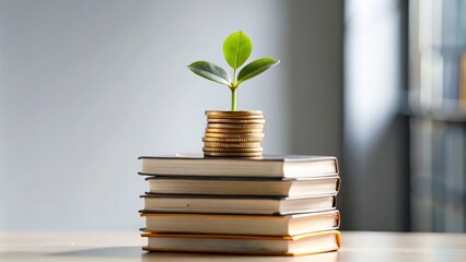 Wall Mural - Knowledge Investment Background - Books with a growing coin stack, symbolizing investment in education.
