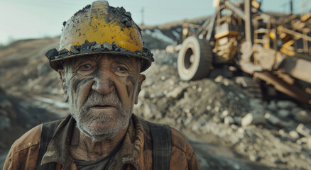 Wall Mural - an old coal miner, he is standing in front of the open-pit mine and looks into the camera with a sad expression