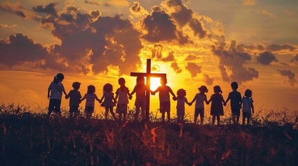 Silhouette of children by a cross at sunset