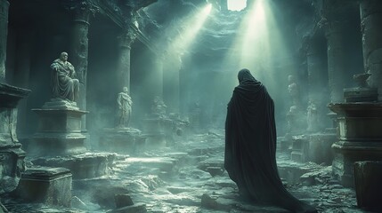 Cloaked Explorer Navigates Forgotten Ruins Amidst Mystical Shadows and Dramatic Lighting