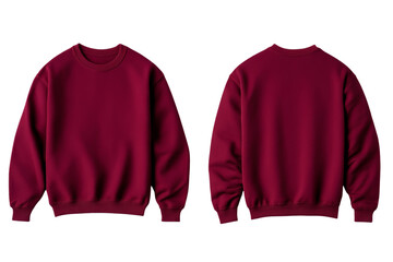 Deep burgundy pullover front and back mock up with ribbed hem and cuffs isolated on transparent background 