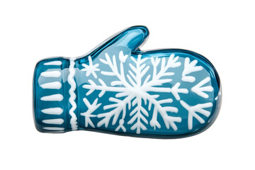 Sticker - Gleaming 3D glass mitten with frosted winter pattern isolated on transparent background 