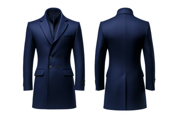 Navy blue overcoat front and back mock up with peak lapels and sleek silhouette isolated on transparent background 