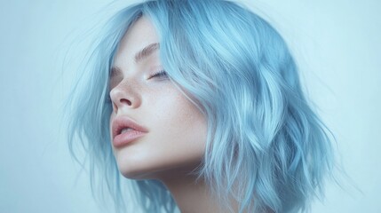 Poster - A young woman with wavy blue hair showcases her profile with closed eyes, emphasizing her serene expression against a gentle blue background.