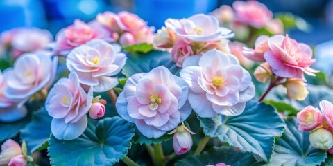 Wall Mural - Soft pink begonia flowers bloom in a lush garden, their delicate petals forming a stunning natural pattern, with selective focus on the lush flower texture.