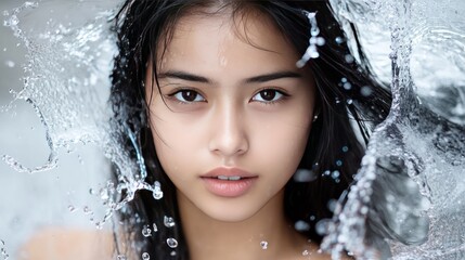 Canvas Print - Woman with dark hair and clear skin is surrounded by water splashes.