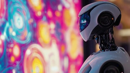 Poster - A sleek robot observes a bright display of abstract digital art, showcasing swirling colors and patterns in a modern setting.