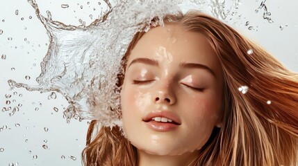 Canvas Print - A woman with closed eyes and long red hair, splashed with water droplets.