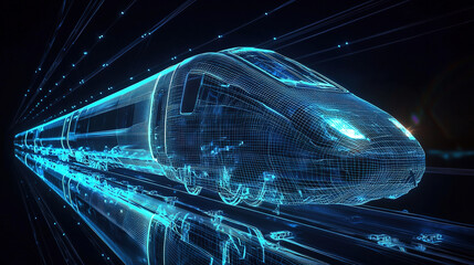 Canvas Print - A high-speed train in a blue neon wireframe hologram, with glowing lines and light effects. The background is a dark black with subtle reflections on the surface of an electric train.