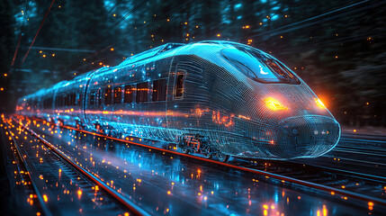 Wall Mural - A high-speed train in a blue neon wireframe hologram, with glowing lines and light effects. The background is a dark black with subtle reflections on the surface of an electric train.