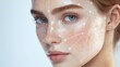 © Prostock-studio - A young woman with clear, glowing skin poses while displaying intricate digital lines across her face, highlighting facial features.