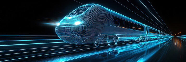 Canvas Print - A high-speed train in a blue neon wireframe hologram, with glowing lines and light effects. The background is a dark black with subtle reflections on the surface of an electric train.