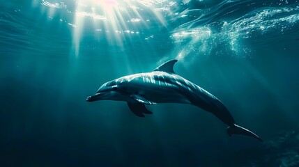 Wall Mural - A dolphin swimming in the ocean with the sun shining through the water