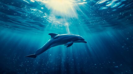 Wall Mural - A dolphin swimming in the ocean with the sun shining through the water