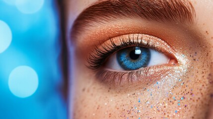 Poster - A woman's eye features striking blue iris and shimmering glittery makeup, enhanced by a soft blue and bokeh backdrop, creating a captivating visual effect.