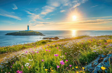 Sticker - A stunning view of the lighthouse on Godierre island, cornwall with wild flowers in full bloom during sunrise.