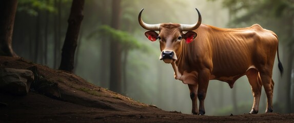 Wall Mural - brown bull standing in a misty forest