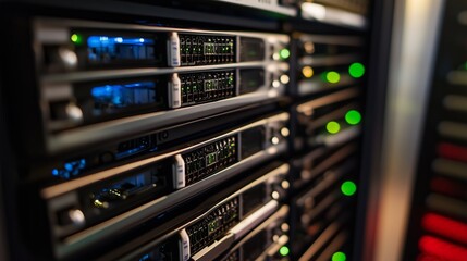 Poster - Close-up of server racks with blinking lights in a data center during nighttime operations