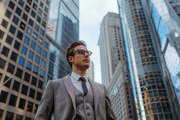 A man in a classic suit and tie, standing against the background of the business center of the city, symbolizes business style