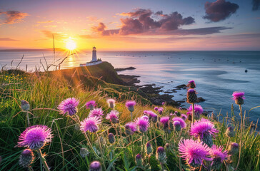 Wall Mural - A stunning view of the lighthouse on Godierre island, cornwall with wild flowers in full bloom during sunrise.