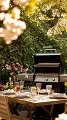 Wall Mural - A gas grill sits on a patio table with a setting for dinner under a tree.