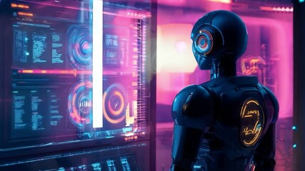 Poster - A robot analyzes data on a glowing digital screen surrounded by colorful lights and high-tech interfaces.