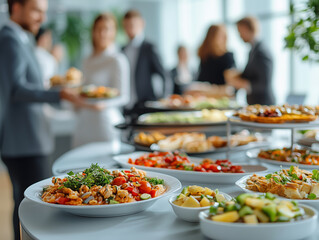 Buffet spread at corporate event with diverse food options and attendees enjoying the refreshments in a modern venue