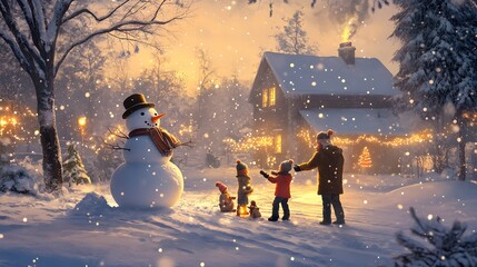 86. A cozy winter scene with a family building a snowman and holiday lights in the background