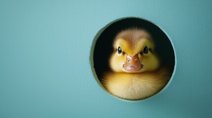 A small yellow duckling peeks out of a circular hole in a turquoise wall.