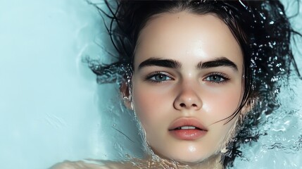 Poster - Close-up portrait of a young woman with blue eyes, submerged in water with ripples.