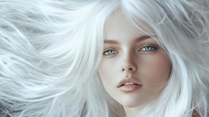 Poster - A young woman with long, flowing white hair looks directly at the viewer with captivating green eyes and a serene expression against a soft, neutral backdrop.