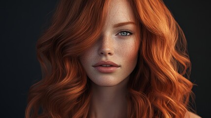 Poster - A woman with striking wavy red hair and freckles gazes directly at the viewer, showcasing her natural beauty in soft, warm lighting.