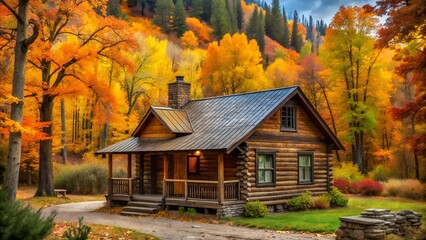 Wall Mural - Rustic autumn cabin surrounded by trees