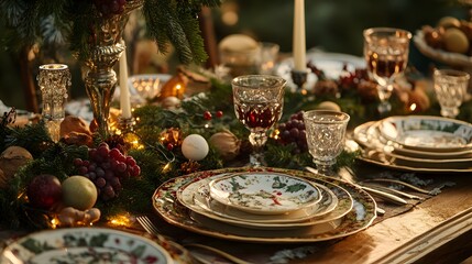 Wall Mural - 89. A festive holiday dinner setup with candles, fine china, and seasonal decorations