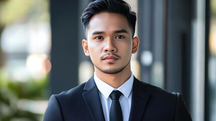 Wall Mural - Portrait of a young man in a suit and tie, looking confidently at the camera.