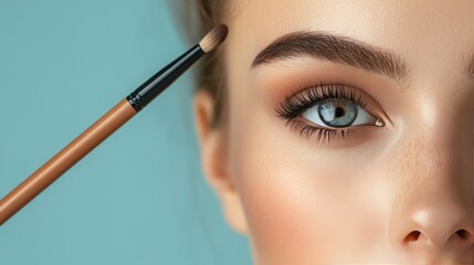 Wall Mural - Closeup of a woman's eye with a makeup brush on the left side of the image, against a light blue background.