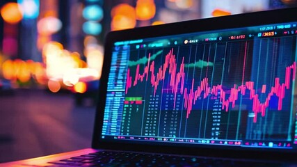Poster - A laptop digital screen shows fluctuating stock market data with vibrant colors, set against a blurred cityscape illuminated by lights.