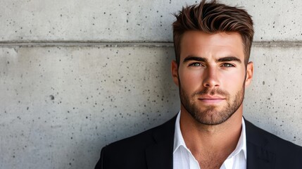 Close-up portrait of a handsome man with a beard, wearing a suit, and looking directly at the camera.