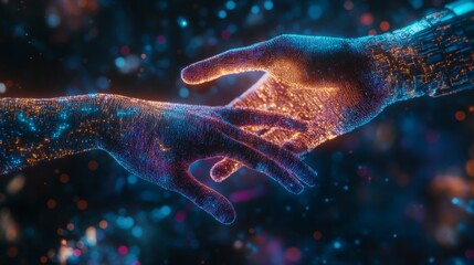 Poster - metaverse technology, hand of robot and human connected on network metaverse, technological transiti
