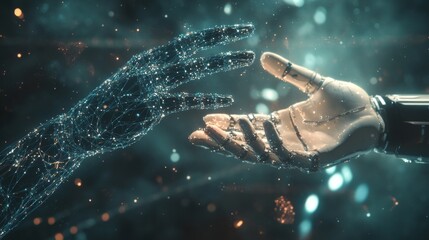 Poster - metaverse technology, hand of robot and human connected on network metaverse, technological transiti