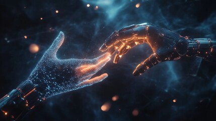 Poster - metaverse technology, hand of robot and human connected on network metaverse, technological transiti