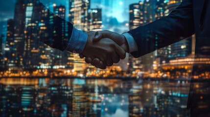 Poster - multi exposure investor business man shaking hand with partner for successful meeting with night city background, digital technology, investment, negotiation, handshake, partnership, teamwork concept