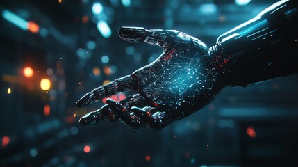 Poster - metaverse technology, hand of robot and human connected on network metaverse, technological transiti