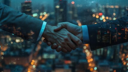 Poster - multi exposure investor business man shaking hand with partner for successful meeting with night city background, digital technology, investment, negotiation, handshake, partnership, teamwork concept
