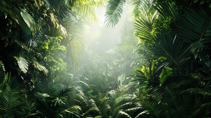 Wall Mural - Lush green foliage fills scene, creating serene and tranquil atmosphere in jungle. Sunlight filters through leaves, enhancing vibrant greenery. 