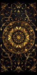 Arabic ornament pattern. Exquisite gold and blue floral design with intricate Arabic detailing, ideal for luxury packaging, sophisticated home decor, and exclusive stationery.