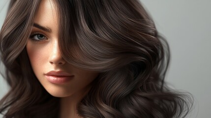Poster - A young woman gazes softly with lovely, wavy dark hair partially covering her face, exuding confidence and elegance.